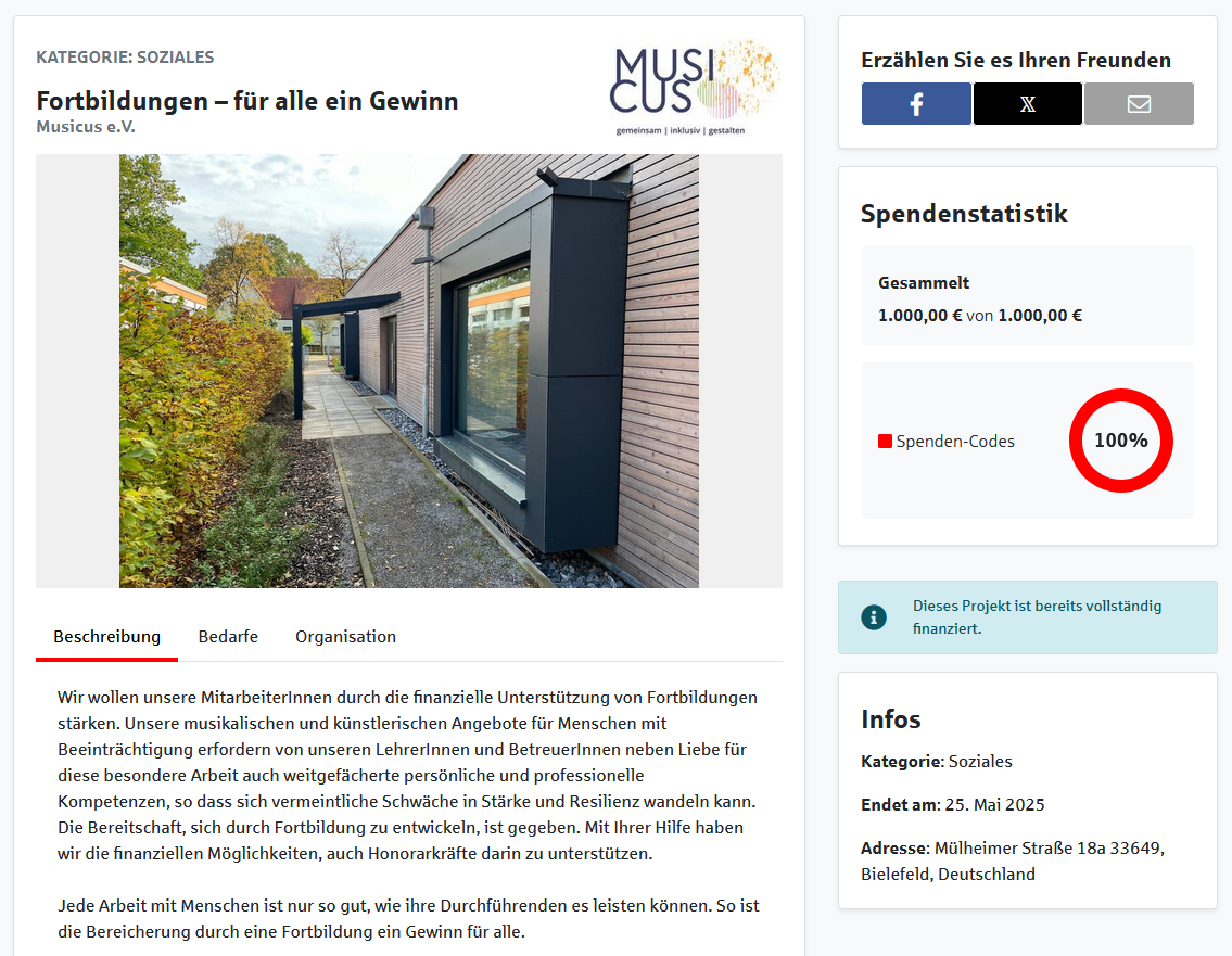 Unser Projekt Fortbildungen – für alle ein Gewinn für unsere Musik- und Kunstschule wird in voller Höhe unterstützt